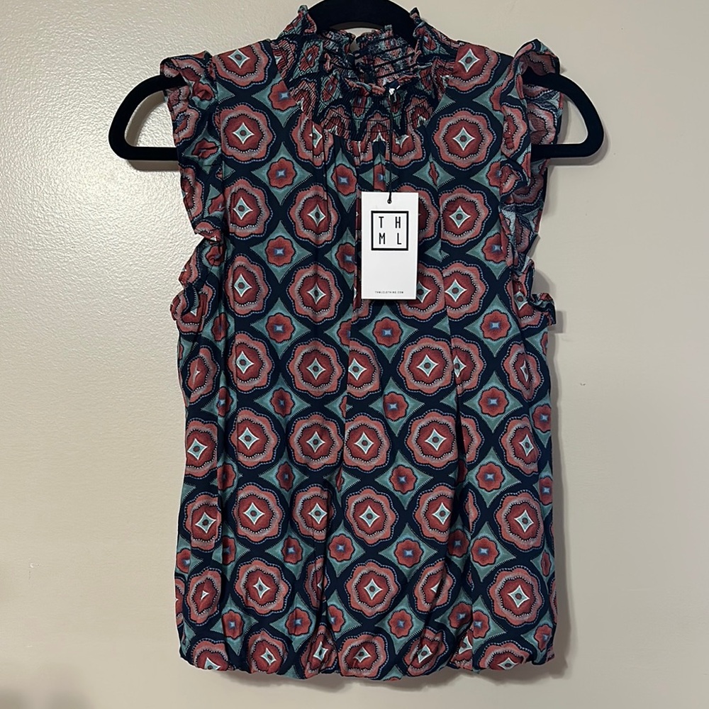THML Blue and Pink Ruffled Cap Sleeve Blouse